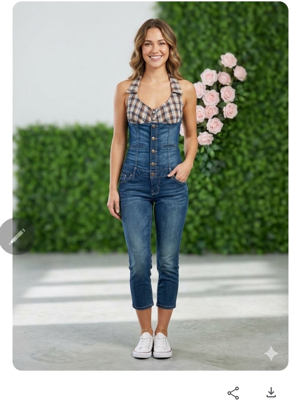 Guess Vintage, Blue Denim Corset Overalls with Plaid Halter